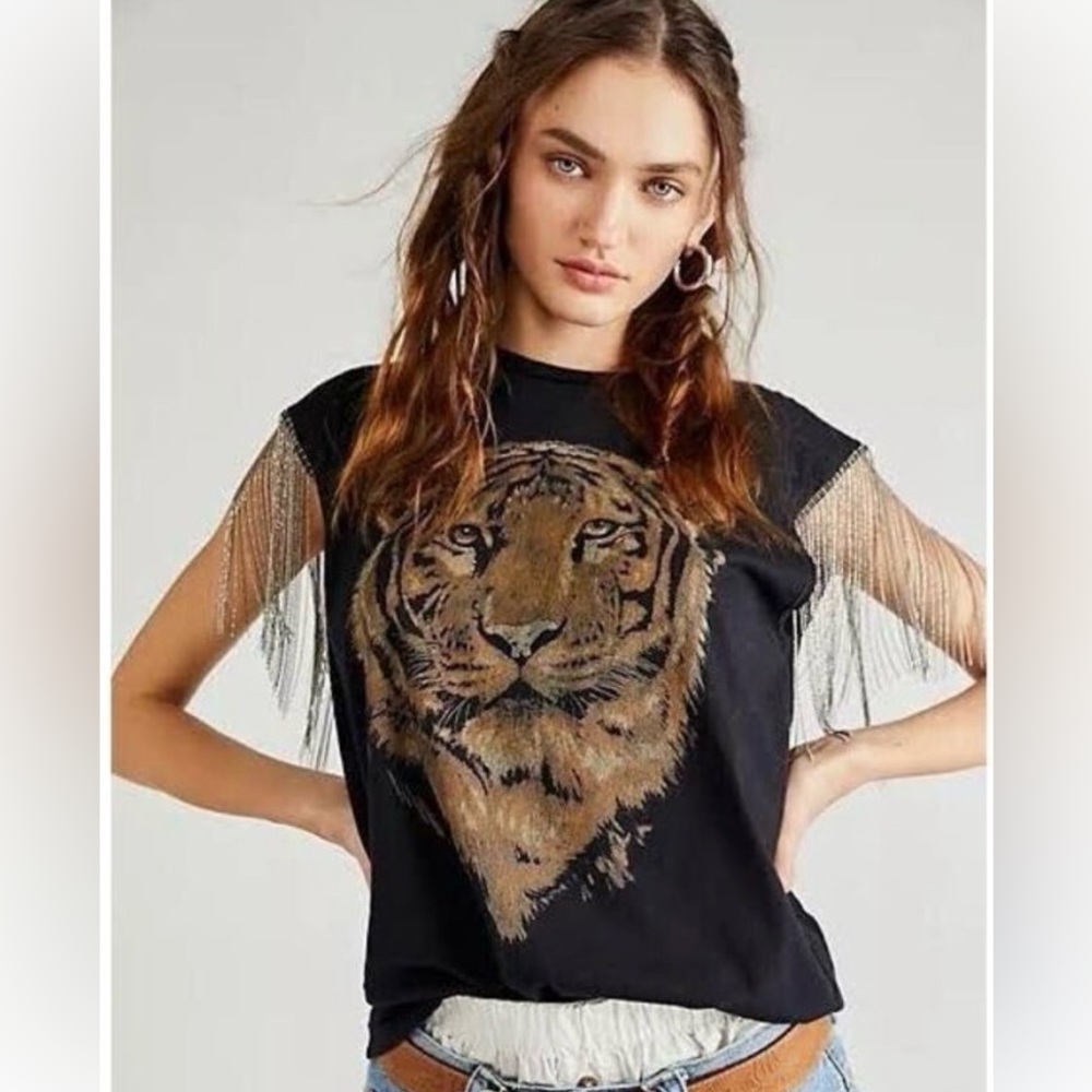 Free People Tiger T-shirt with metal fringe sleeves - L